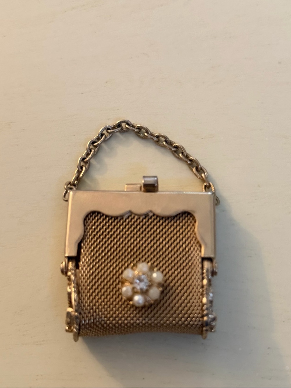 Vintage Mesh Minaudière Purse with Pearl Flower Accent - Gold Tone